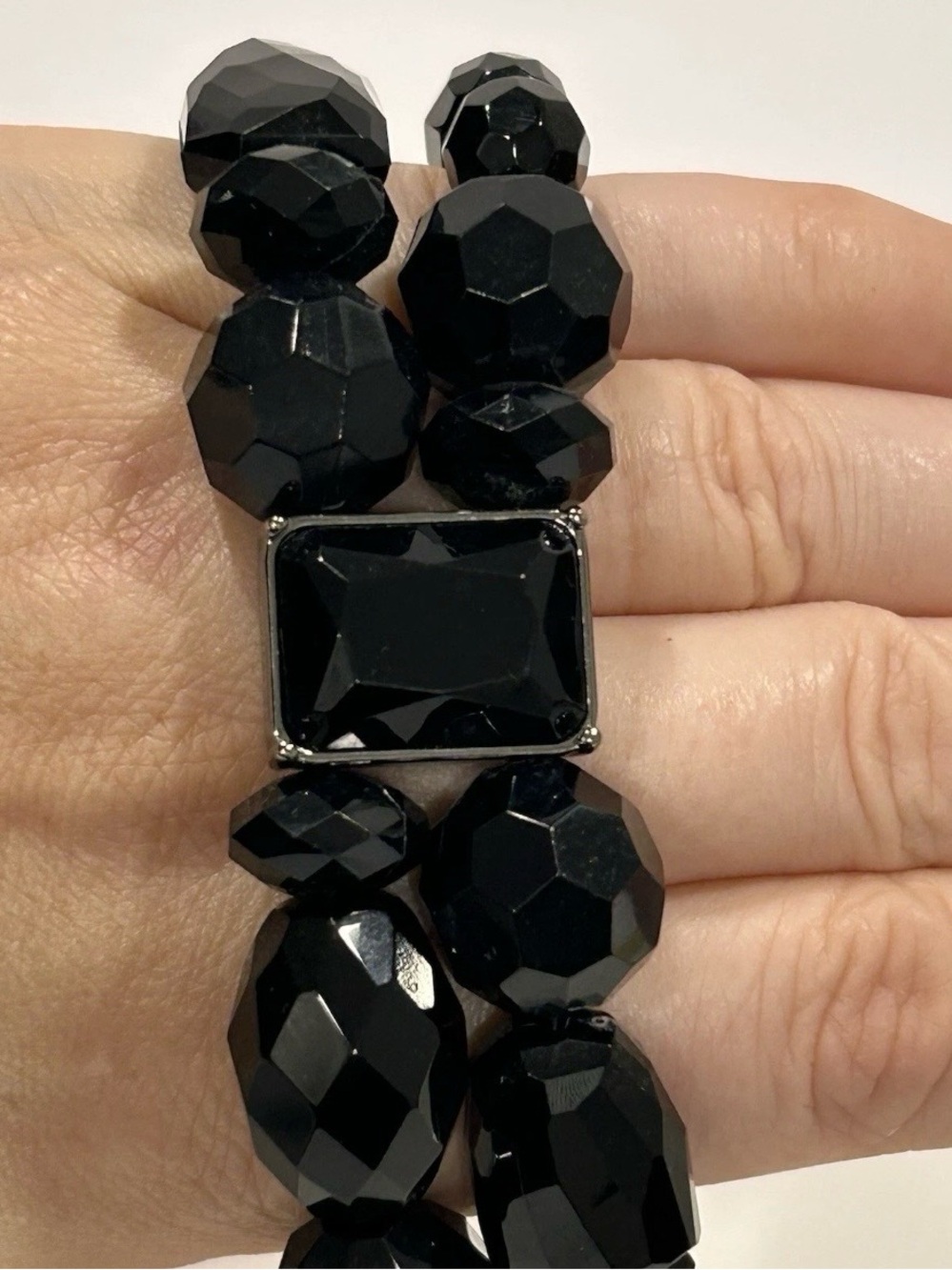 Lia Sophia Front Row Black Large Bead w Crystal Stretch Bracelet Wedding Office - Picture 2 of 8